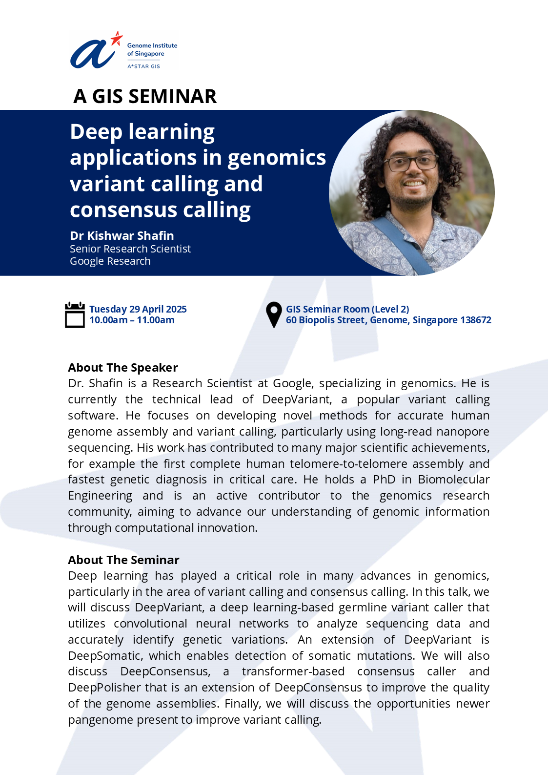 GIS Seminar poster for Kishwar Shafin's talk on deep learning in genomics